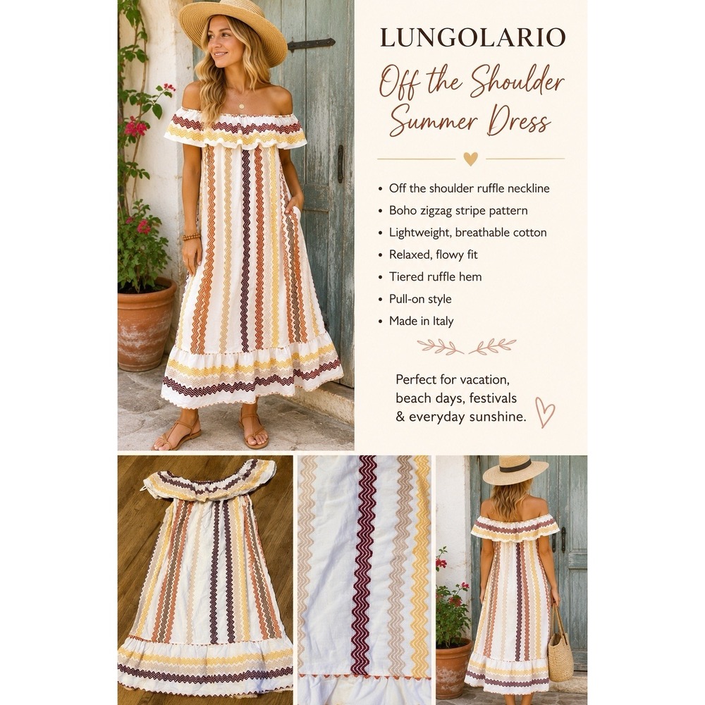 Lungo Larno Italy Off Shoulder Boho Midi Dress Women's L Zigzag Stripe Cotton